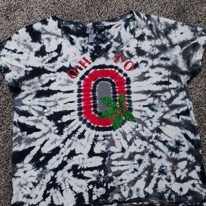 Womens Tie-Dye OSU Shirt with Red and Green Glitter Design